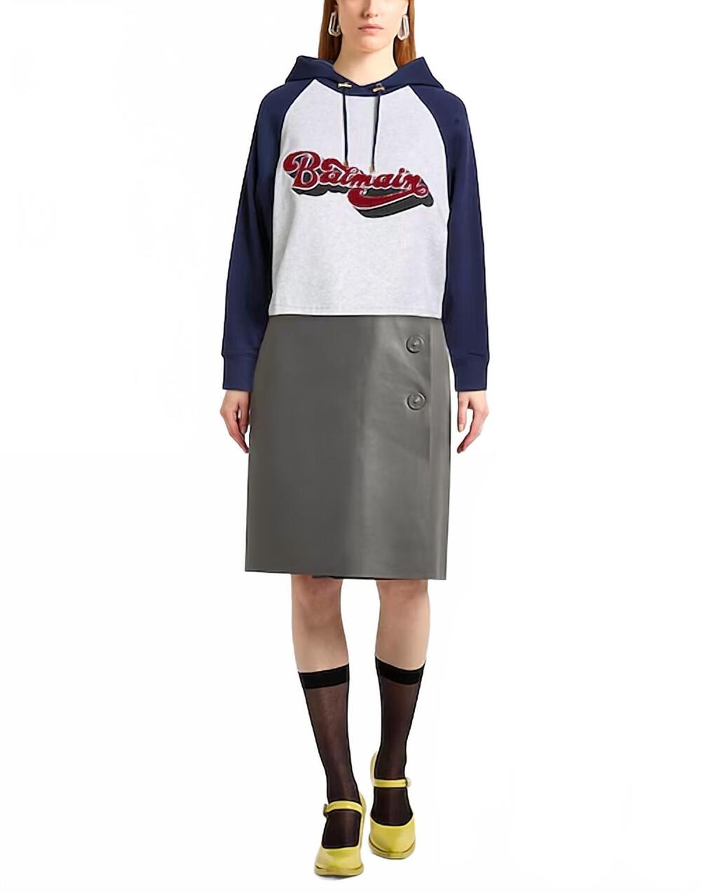 NEW BALMAIN cropped hoodie sweatshirt in white/navy